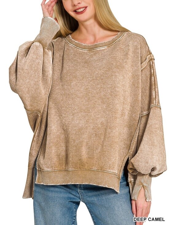 Zenana Sweaters - Zenana  acid wash fleece batwing oversized sweatshirt -deep camel-1X